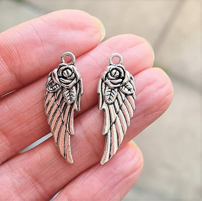 2 x Rose Angel Wing Charms ~ 31x11mm ~ Antique Silver