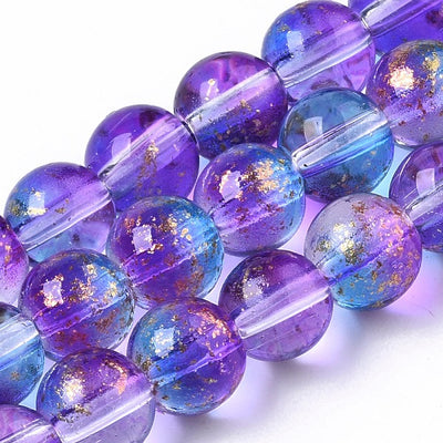 6mm Round Spray Painted Glass Beads ~ Blue / Fuchsia and Gold ~ approx. 65 beads / string