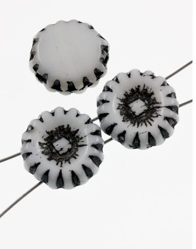 8 x Two Hole Sunflowers ~ White Alabaster with Jet Inlay ~ Czech Glass