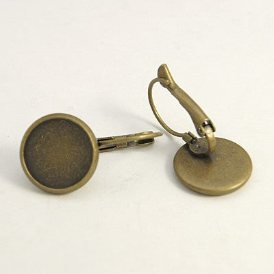 Earwire Dropper with 12mm Cup for Cabochon ~ 1 pair ~ Nickel Free ~ Antique Bronze