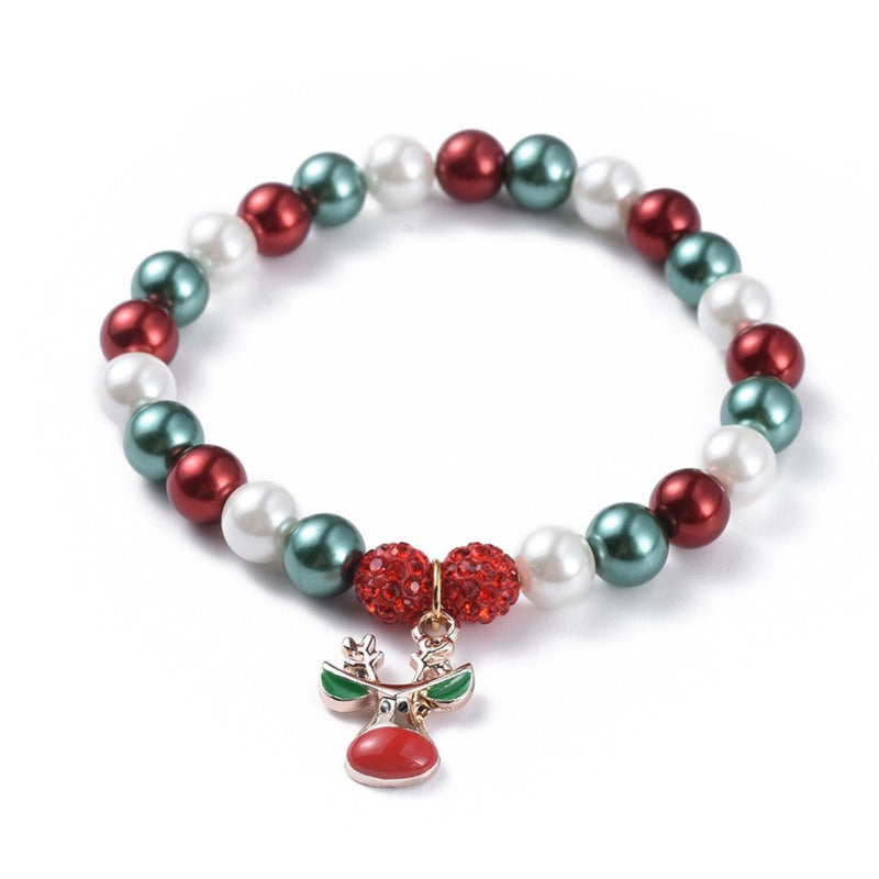 Xmas Rudolf Reindeer Stretch Bracelet Kit ~ Glass Pearls and Polymer Clay Rhinestones Beads
