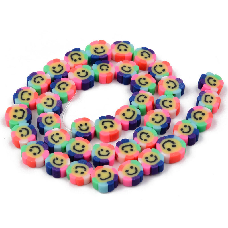 1 Strand of Handmade Polymer Clay Beads ~ Flower with Smiley Face ~Multicolour ~ approx. 38 beads
