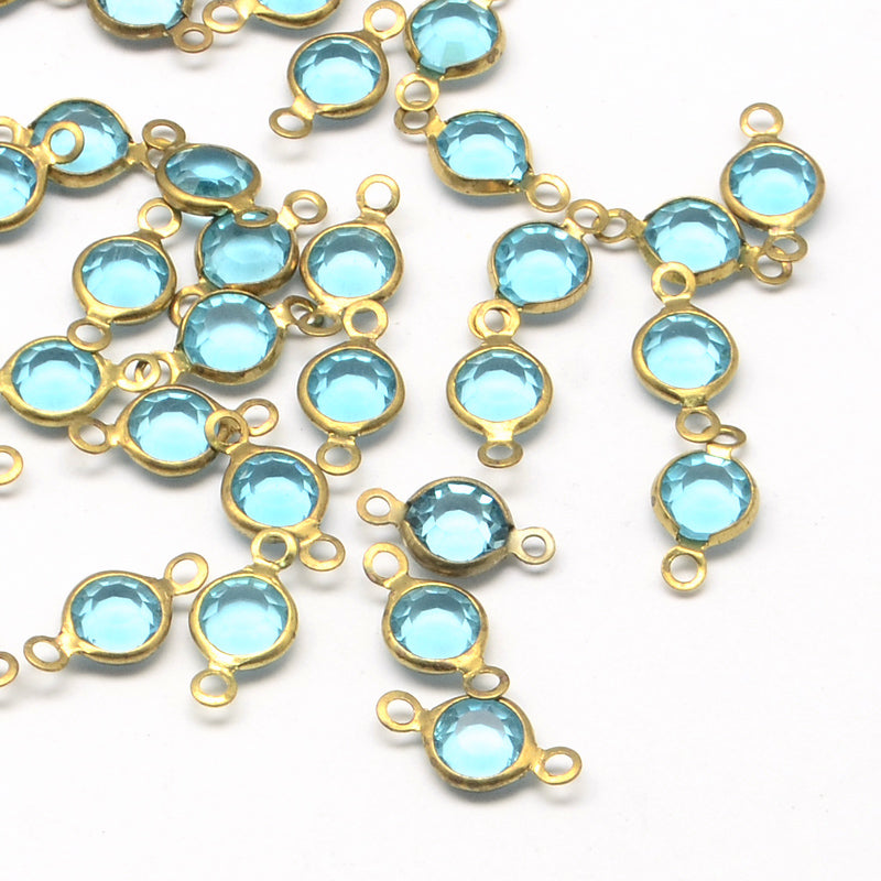 2 x Glass Links ~Aqua ~  Antique Gold Plated Brass ~ 13x6mm ~ Buy One Get One Free