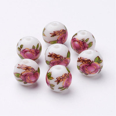 10mm Round Ceramic Beads ~ Flower ~ 4 beads - pack