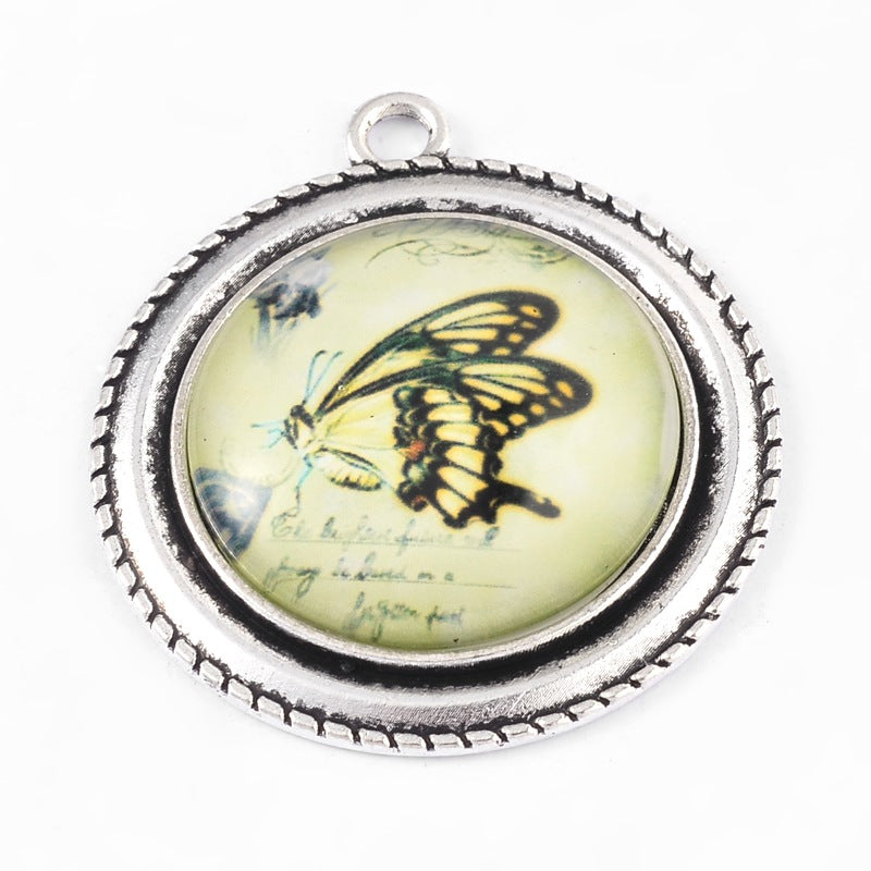 1 x Glass Cabochon and Antique Silver Pendant Setting Kit ~ Butterfly 