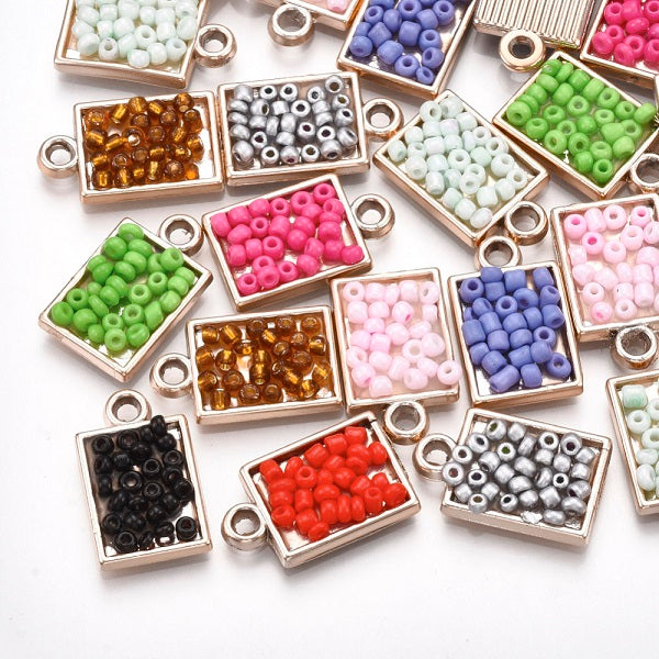 5 x Lt. Rose Gold Acrylic Pendants with Seed Beads ~ Mixed Colours ~ 21x13mm