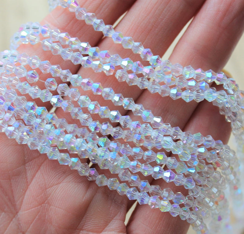 1 Strand of 4mm Glass Bicones ~ AA Grade ~ Crystal AB ~ approx. 85 beads