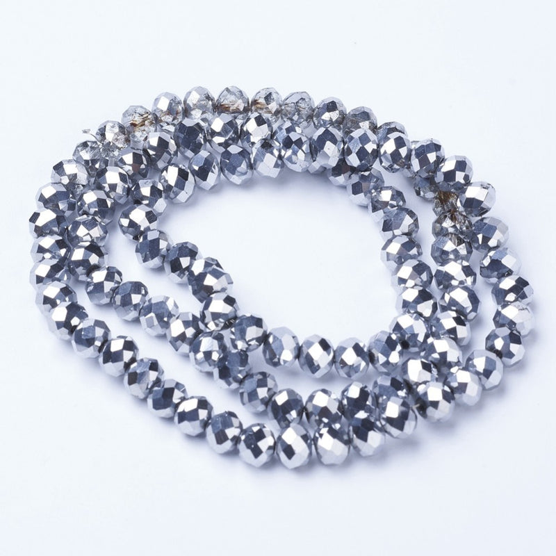 1 Strand of 6x5mm Electroplated Faceted Glass Rondelle Beads ~ Platinum Plated ~ approx. 85 beads