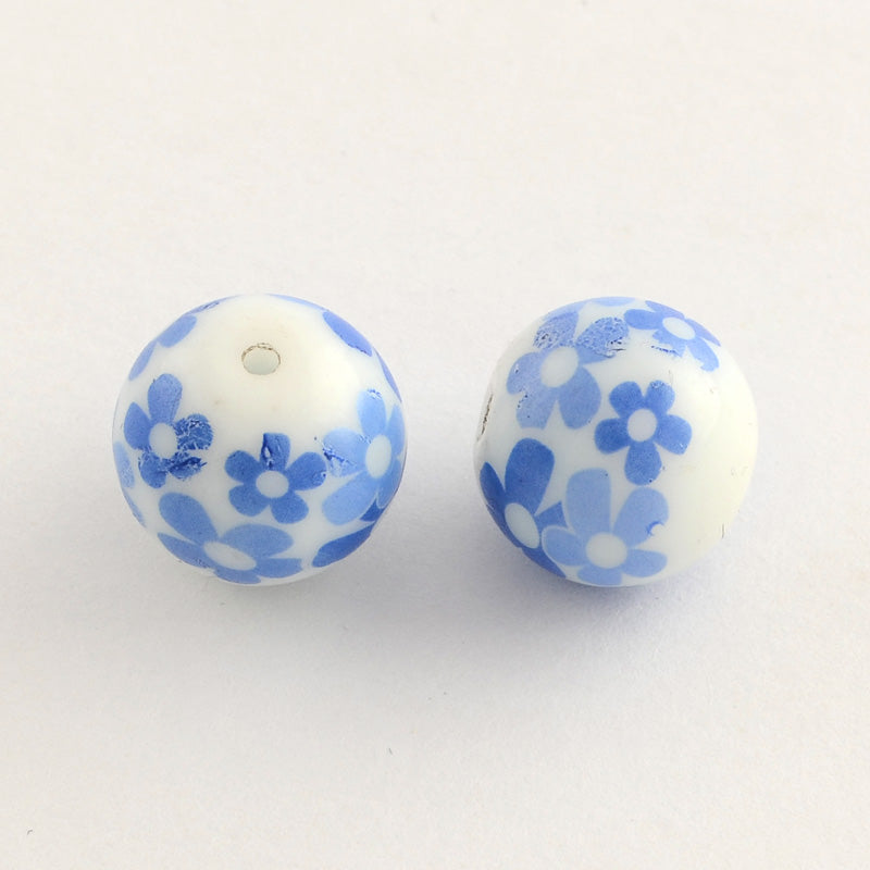12mm Round Ceramic Beads ~ Blue Flowers ~  Pack of 3