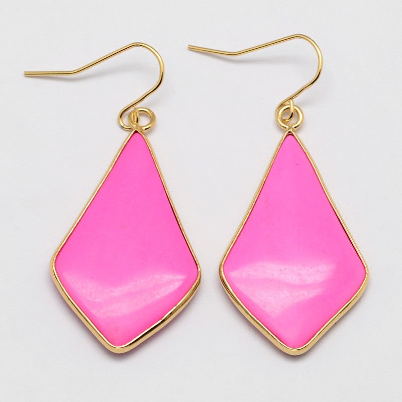 Dyed Turquoise Rhombus Earrings ~ Gold Plated  ~ 38mm ~ Bright Pink