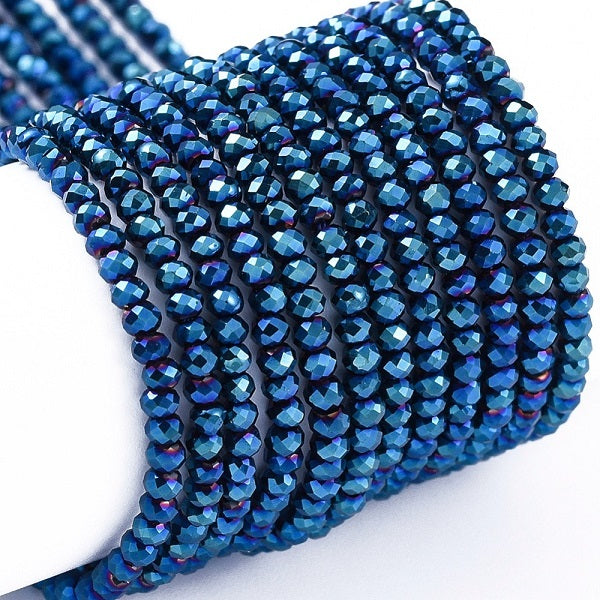 1 String of 2x1.5mm Faceted Glass Rondelle Beads ~ Blue Plated ~ approx. 247 beads