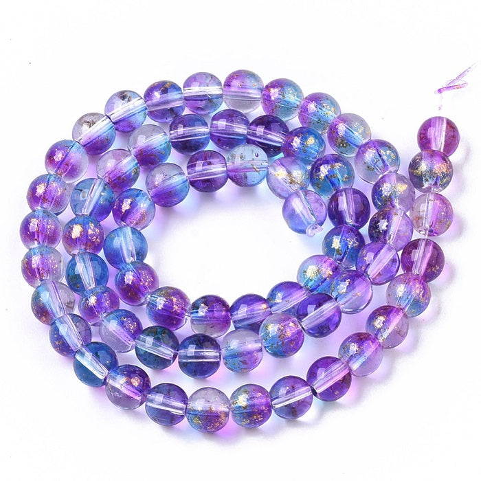 6mm Round Spray Painted Glass Beads ~ Blue / Fuchsia and Gold ~ approx. 65 beads / string