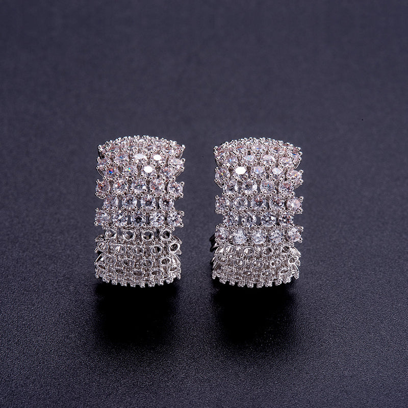 1 Pair ~ 18K Platinum Plated Brass Ear Studs with Micro Pave Cubic Zirconia ~ 21x11mm