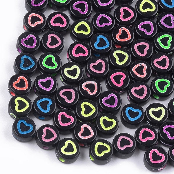 7x3.5mm Acrylic Mixed Colour Heart Beads ~ Black ~ Pack of 50