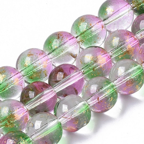 8mm Round Spray Painted Glass Beads ~ Green/Fuchsia and Gold ~ approx. 46 beads / string