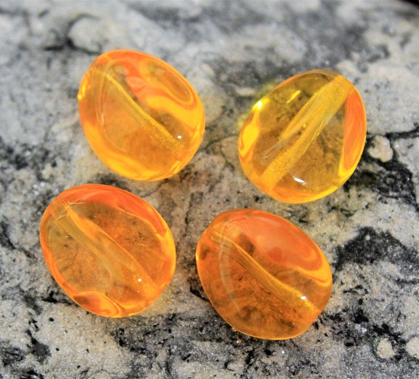 2 x Czech Glass Pressed Beads ~ Oval 15-12mm: Amber