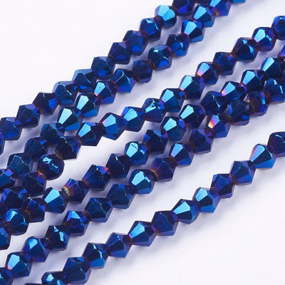 1 Strand of Electroplated Glass Bicones ~ 4mm ~ Blue Plated