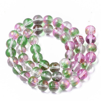 8mm Round Spray Painted Glass Beads ~ Green/Fuchsia and Gold ~ approx. 46 beads / string