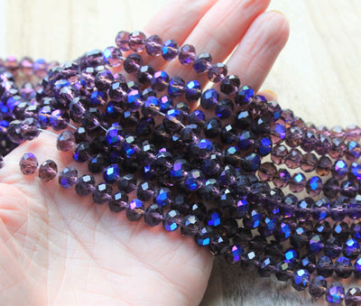 1 Strand of 8x6mm Electroplated Faceted Glass Rondelle Beads ~ Indigo AB ~ approx. 65 beads