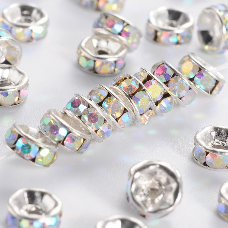 6x3mm Silver Plated Brass A Grade Rhinestone Rondelle Spacers ~ Crystal AB ~ Pack of 10