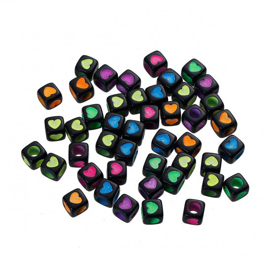 7x7mm Acrylic Cube Beads ~ Heart Pattern ~ Black/Multicolour ~ 50 Beads