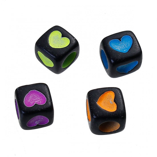 7x7mm Acrylic Cube Beads ~ Heart Pattern ~ Black/Multicolour ~ 50 Beads