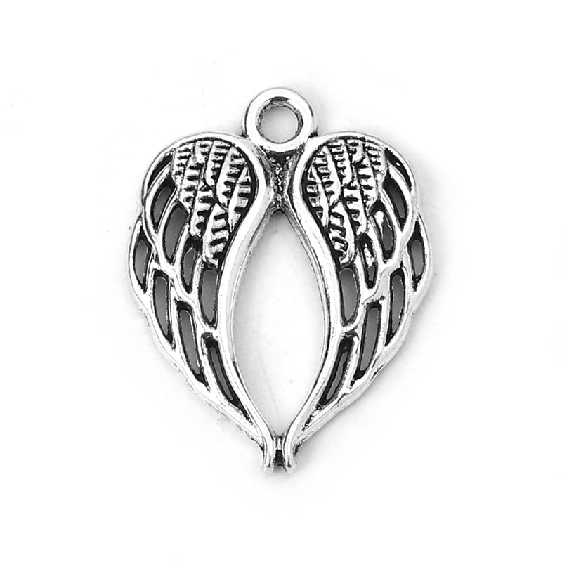 2 x Antique Silver Heart Shaped Wings Charms ~ 22x17mm