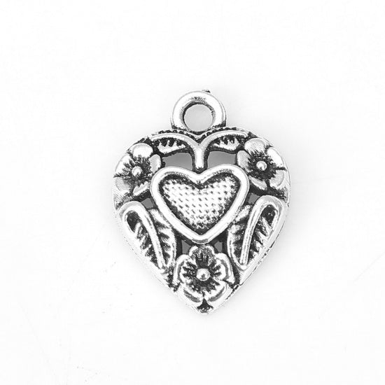 1 x Antique Silver Floral Heart Charm ~ 18x14mm