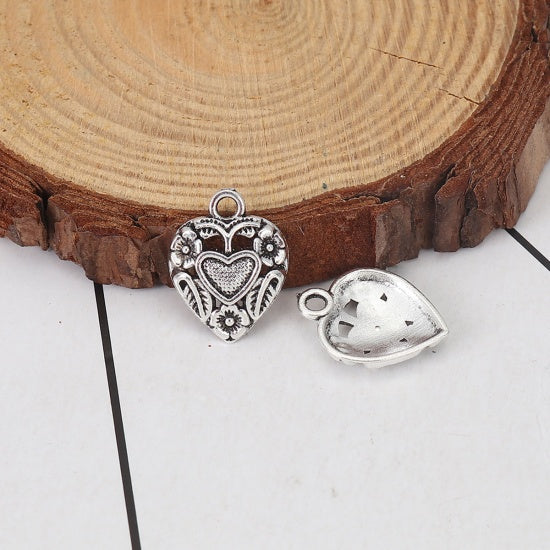 1 x Antique Silver Floral Heart Charm ~ 18x14mm