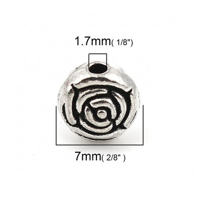 7mm Antique Silver Plated Rose Beads ~ Pack of 5