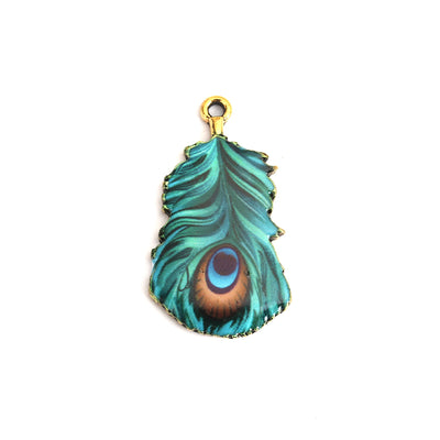 1 Gold Plated Enamelled Feather Pendant ~ 32x18mm ~ Peacock Pattern