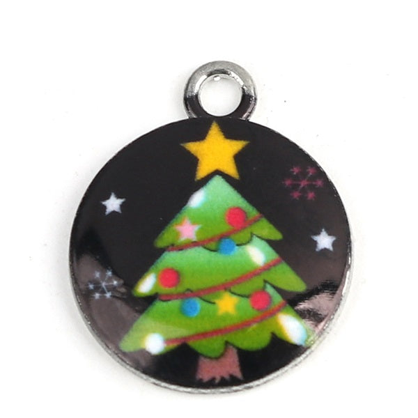 1 x Enamelled Christmas Tree Charm / Pendant ~ 15mm ~ Black