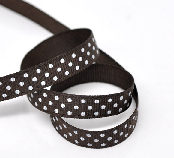 1 Metre of Grosgrain Ribbon ~ White Dots on Chocolate ~ 10mm wide