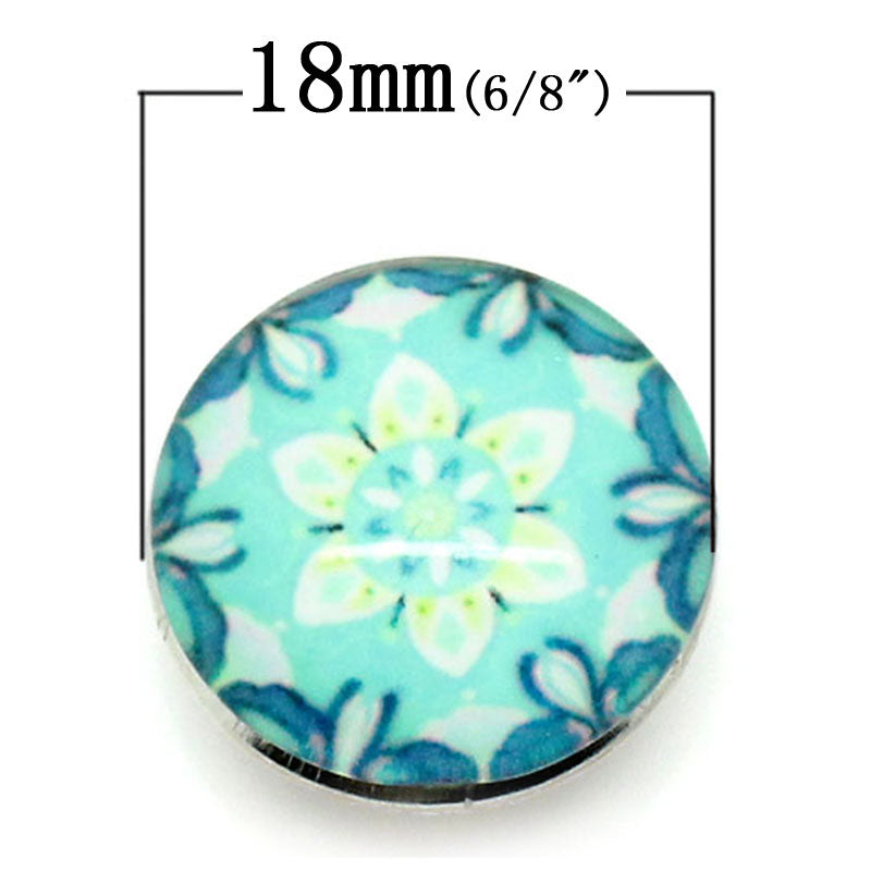 1 x Glass Snap Button ~ Blue Flower ~ 18mm