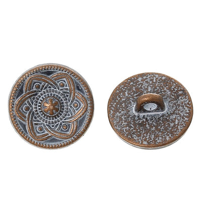 2 Metal Buttons ~ Flower Design ~ 15mm ~ Antique Copper and White Patina