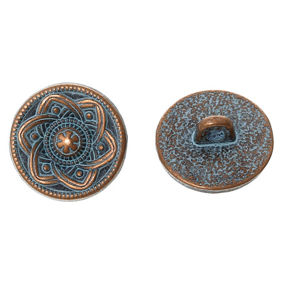 2 Metal Buttons ~ Flower Design ~ 15mm ~ Antique Copper & Patina Effect
