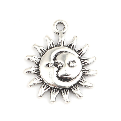 2 x Antique Silver Moon and Sun Charms ~ 20x17mm