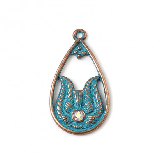 3.1cm x 1.7cm Drop Shaped Antique Copper and Blue Patina Pendant with Crystal