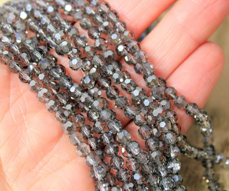 4mm Round Faceted Glass Beads ~ Electroplated Gray ~ approx. 98 beads-string