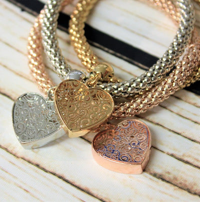 1 x Set of 3 Stretch Bracelets with Filigree Heart Charm