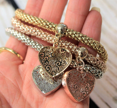 1 x Set of 3 Stretch Bracelets with Filigree Heart Charm