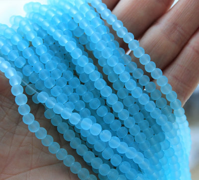 1 Strand x Frosted Round Glass Beads - 4mm - Light Blue - approx. 200 beads
