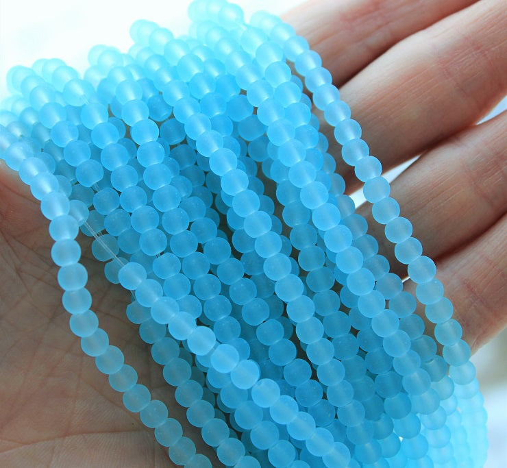 1 Strand x Frosted Round Glass Beads - 4mm - Light Blue - approx. 200 beads
