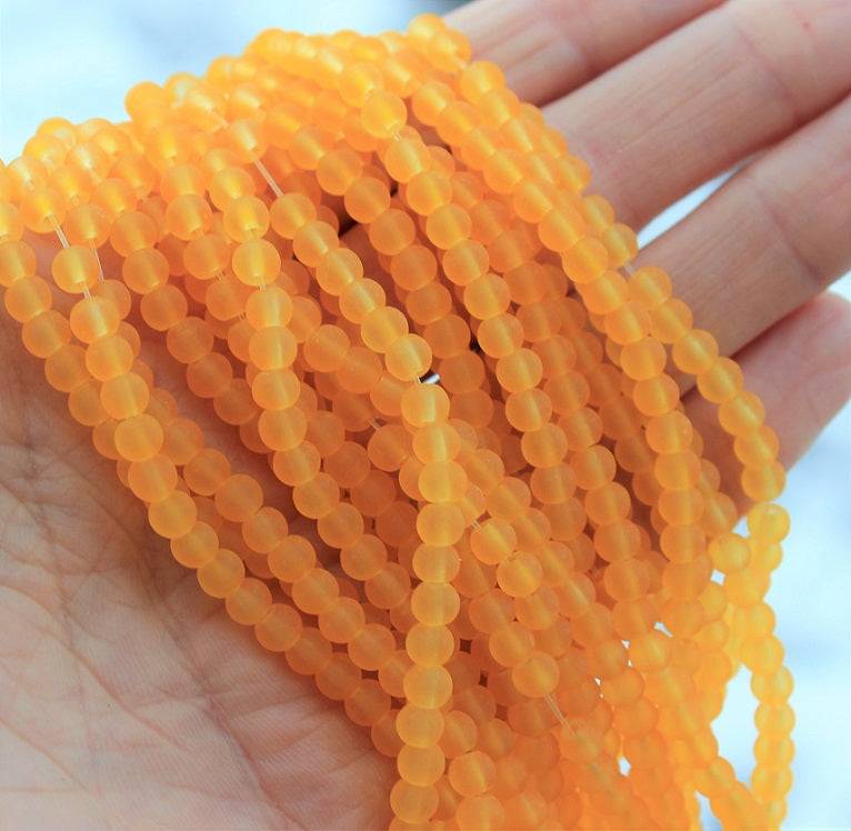 1 Strand x Frosted Round Glass Beads - 4mm - Light Amber - approx. 200 beads