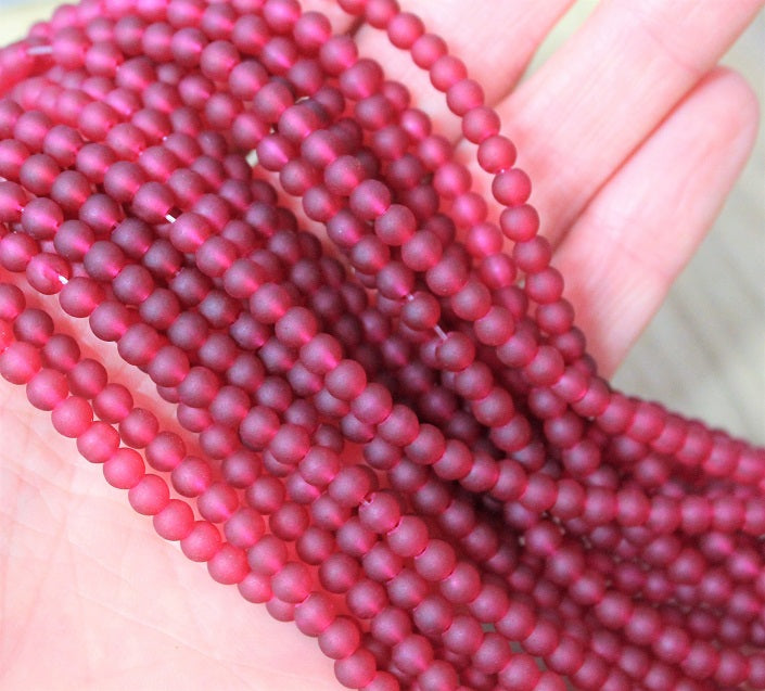 1 Strand of Frosted 4mm Round Glass Beads ~ Raspberry ~ approx. 200 beads