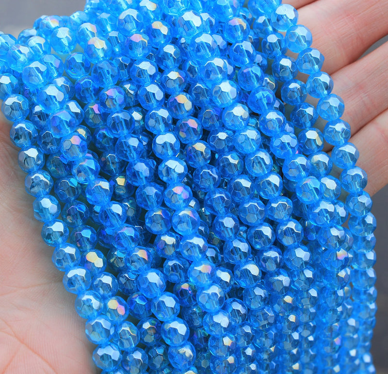 1 Strand of 6mm Round Faceted Glass Beads ~ Sky Blue AB ~ approx. 50 beads