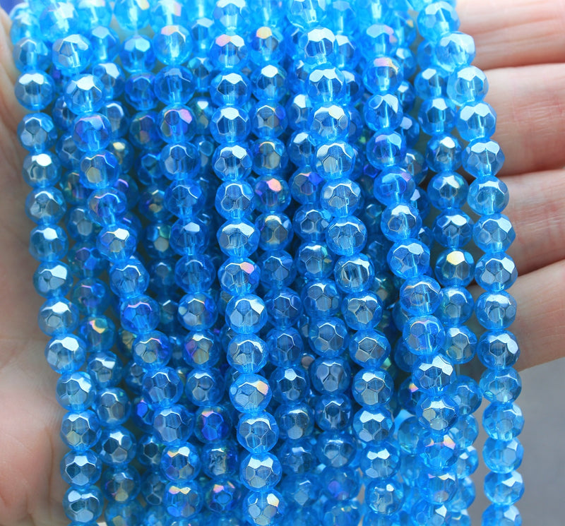 1 Strand of 6mm Round Faceted Glass Beads ~ Sky Blue AB ~ approx. 50 beads