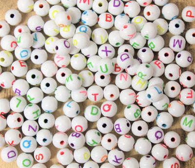 7mm Round Alphabet / Letter White Acrylic Beads ~ Mixed Colours ~ 100 beads