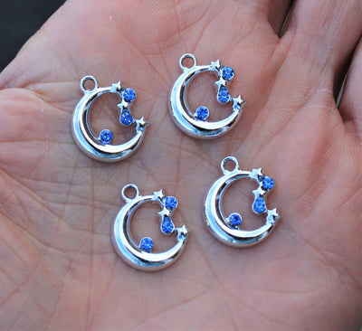 17x15mm Rhodium Plated Half Moon Pendant with Blue Crystals and Stars