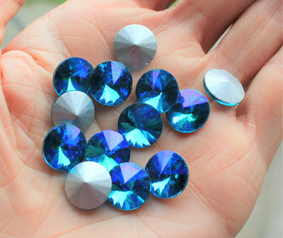 12mm Crystal Glass Foiled Rivoli ~ Sky Blue/Sapphire Shimmer